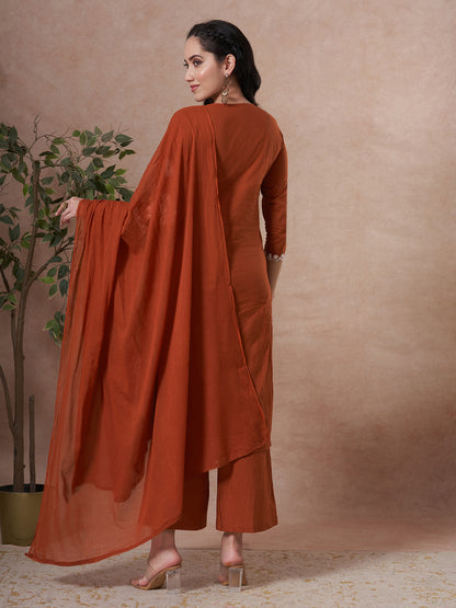 Solid Floral Embroidered Straight Fit Kurta with Palazzo and Dupatta - Rust