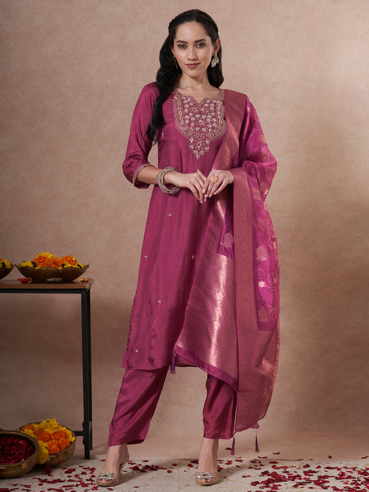 Festive Ethnic Hand Embroidered Straight Fit Kurta with Pant and Dupatta - Magenta