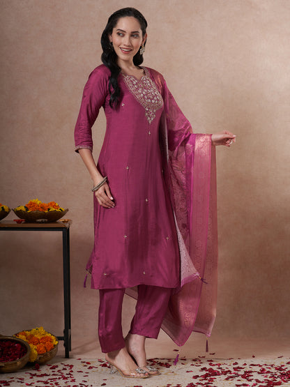 Festive Ethnic Hand Embroidered Straight Fit Kurta with Pant and Dupatta - Magenta