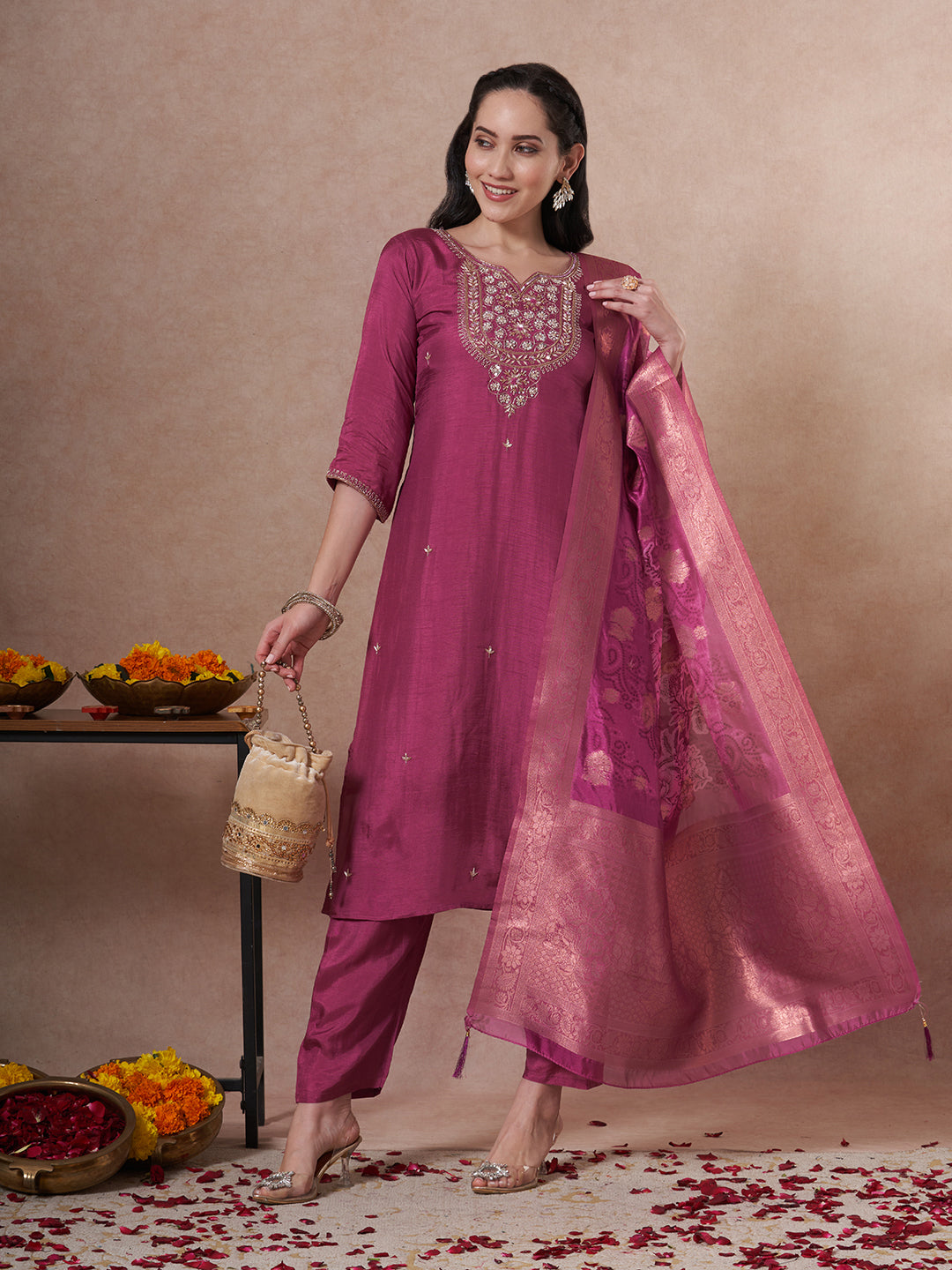 Festive Ethnic Hand Embroidered Straight Fit Kurta with Pant and Dupatta - Magenta