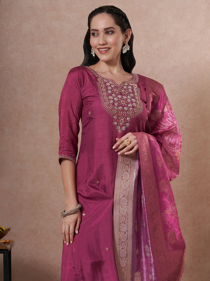 Festive Ethnic Hand Embroidered Straight Fit Kurta with Pant and Dupatta - Magenta
