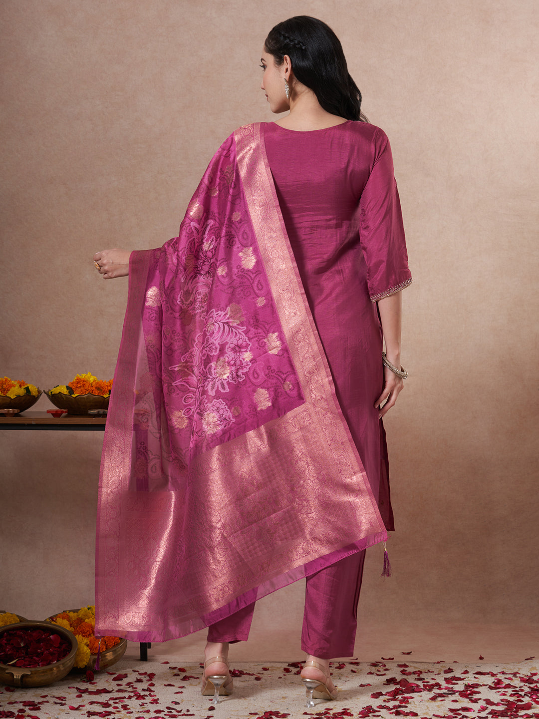 Festive Ethnic Hand Embroidered Straight Fit Kurta with Pant and Dupatta - Magenta