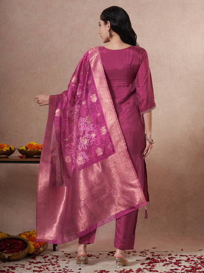 Festive Ethnic Hand Embroidered Straight Fit Kurta with Pant and Dupatta - Magenta