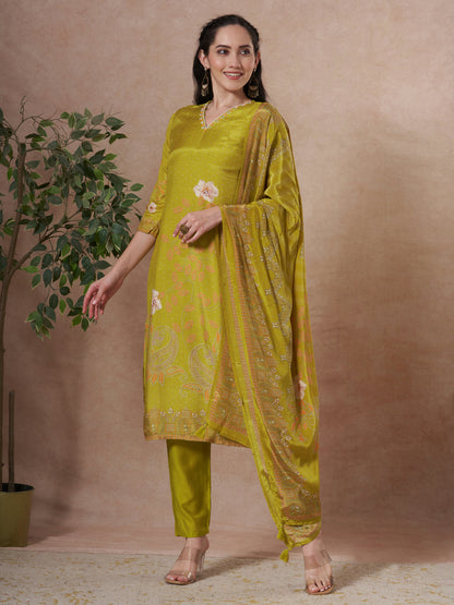 Floral Printed Embroidered Straight Fit Kurta with Pant and Dupatta - Lime Green