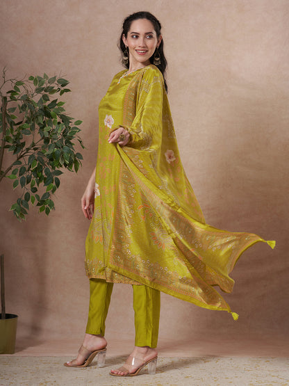 Floral Printed Embroidered Straight Fit Kurta with Pant and Dupatta - Lime Green
