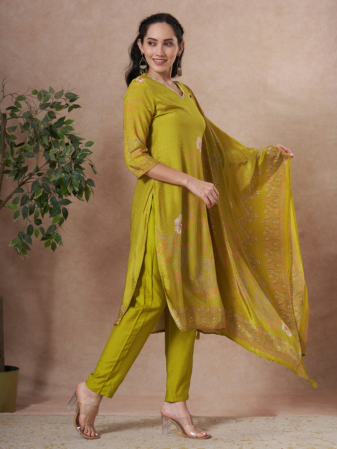 Floral Printed Embroidered Straight Fit Kurta with Pant and Dupatta - Lime Green