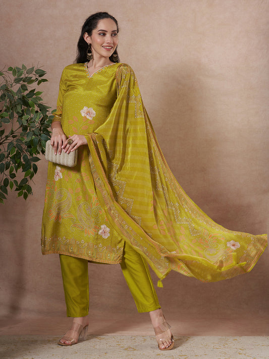 Floral Printed Embroidered Straight Fit Kurta with Pant and Dupatta - Lime Green
