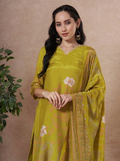 Floral Printed Embroidered Straight Fit Kurta with Pant and Dupatta - Lime Green