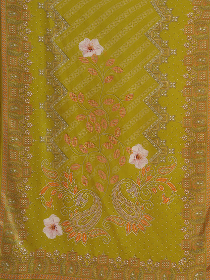 Floral Printed Embroidered Straight Fit Kurta with Pant and Dupatta - Lime Green