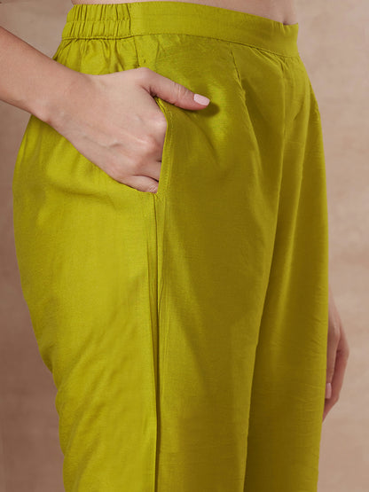 Floral Printed Embroidered Straight Fit Kurta with Pant and Dupatta - Lime Green