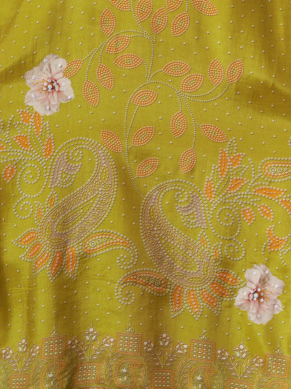Floral Printed Embroidered Straight Fit Kurta with Pant and Dupatta - Lime Green