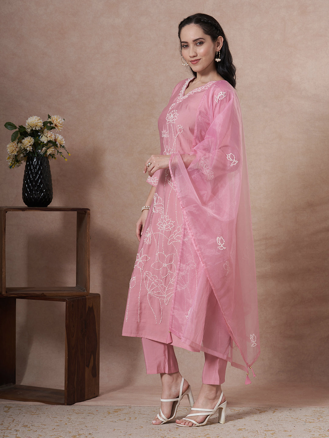 Solid French Knot Embroidered Straight Fit Kurta with Pant and Dupatta - Pink