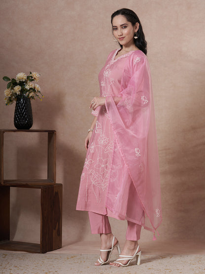 Solid French Knot Embroidered Straight Fit Kurta with Pant and Dupatta - Pink