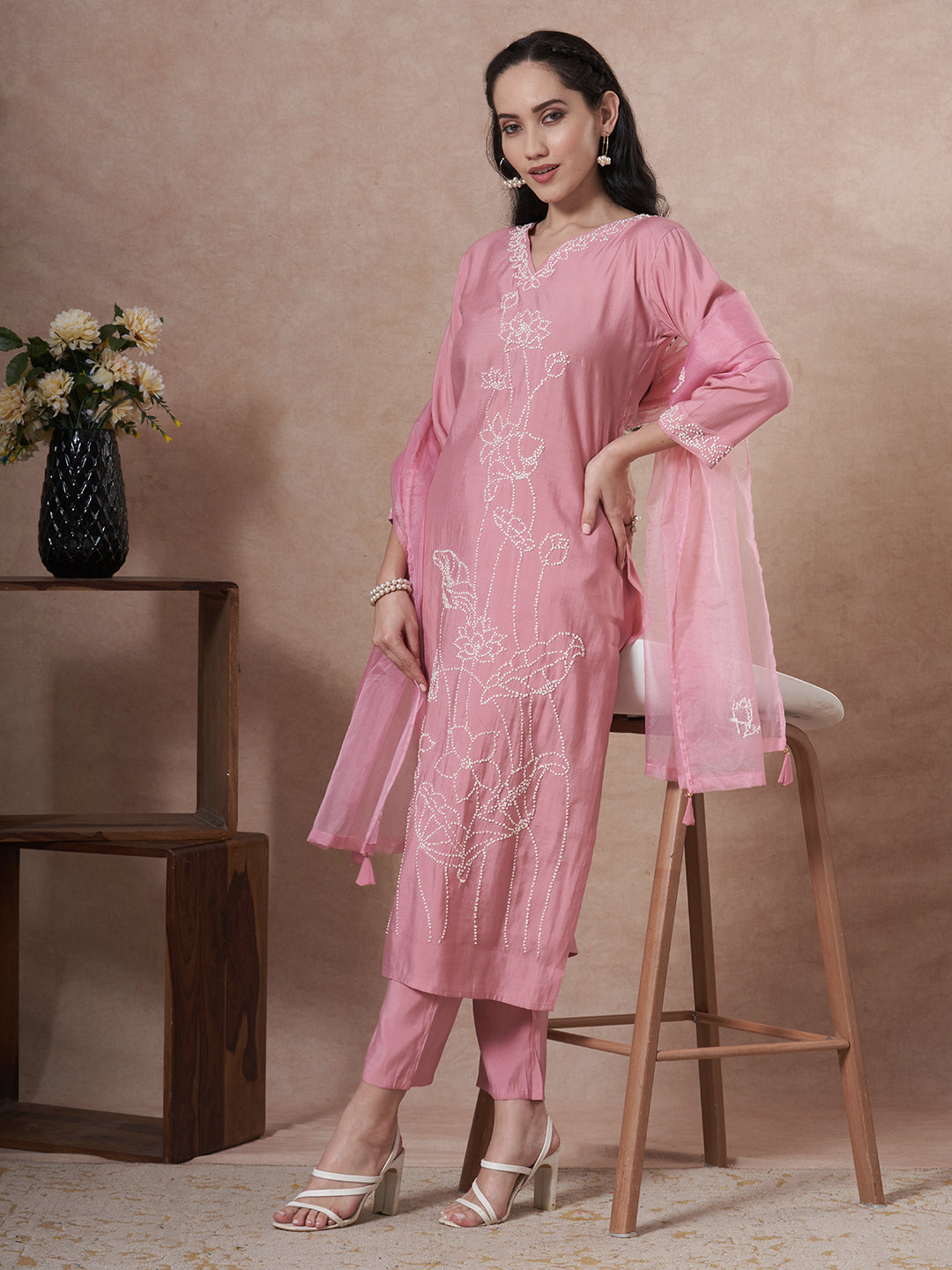 Solid French Knot Embroidered Straight Fit Kurta with Pant and Dupatta - Pink