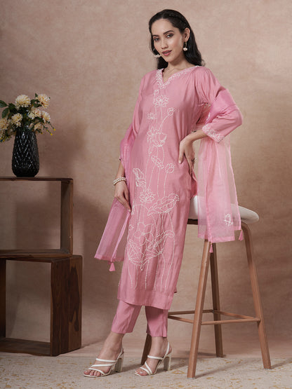 Solid French Knot Embroidered Straight Fit Kurta with Pant and Dupatta - Pink