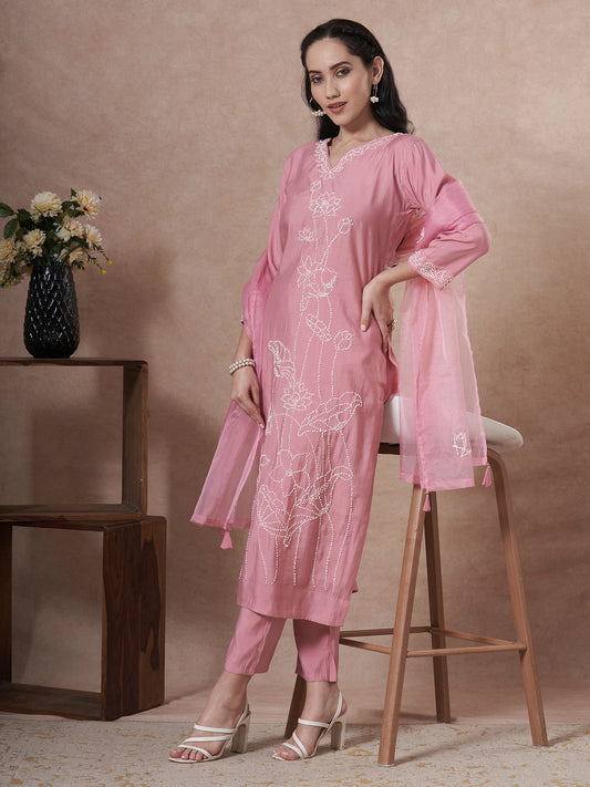 Solid French Knot Embroidered Straight Fit Kurta with Pant and Dupatta - Pink