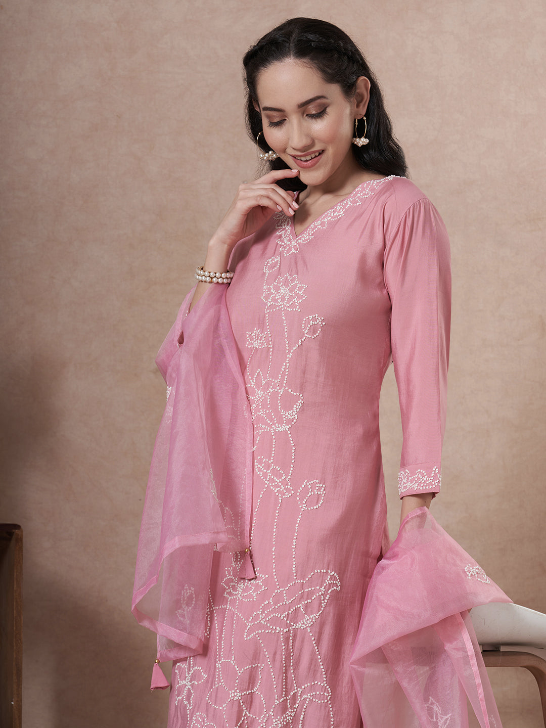 Solid French Knot Embroidered Straight Fit Kurta with Pant and Dupatta - Pink