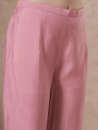 Solid French Knot Embroidered Straight Fit Kurta with Pant and Dupatta - Pink