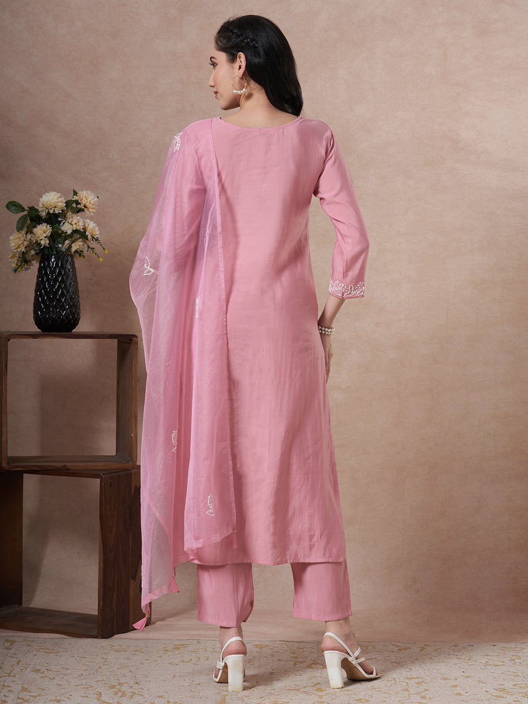 Solid French Knot Embroidered Straight Fit Kurta with Pant and Dupatta - Pink