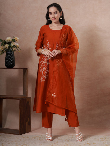 Solid French Knot Embroidered Straight Fit Kurta with Pant and Dupatta - Rust
