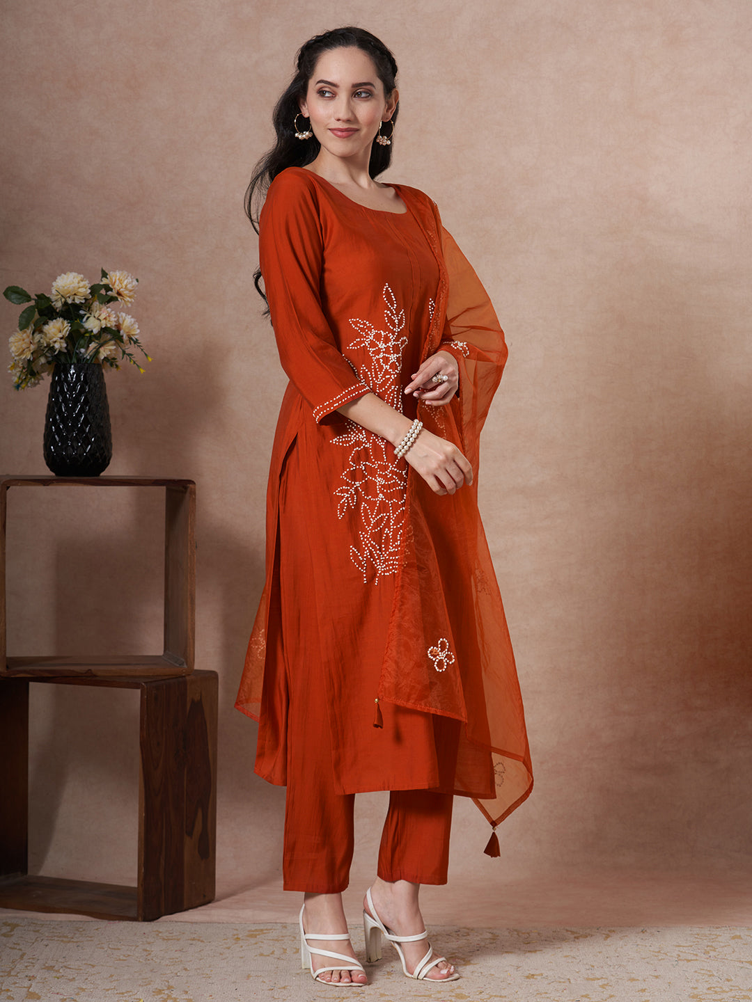 Solid French Knot Embroidered Straight Fit Kurta with Pant and Dupatta - Rust