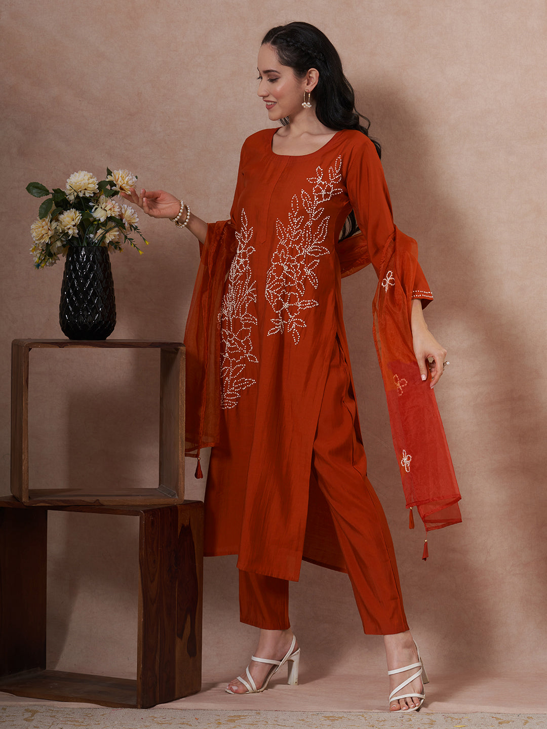 Solid French Knot Embroidered Straight Fit Kurta with Pant and Dupatta - Rust
