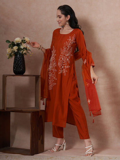 Solid French Knot Embroidered Straight Fit Kurta with Pant and Dupatta - Rust