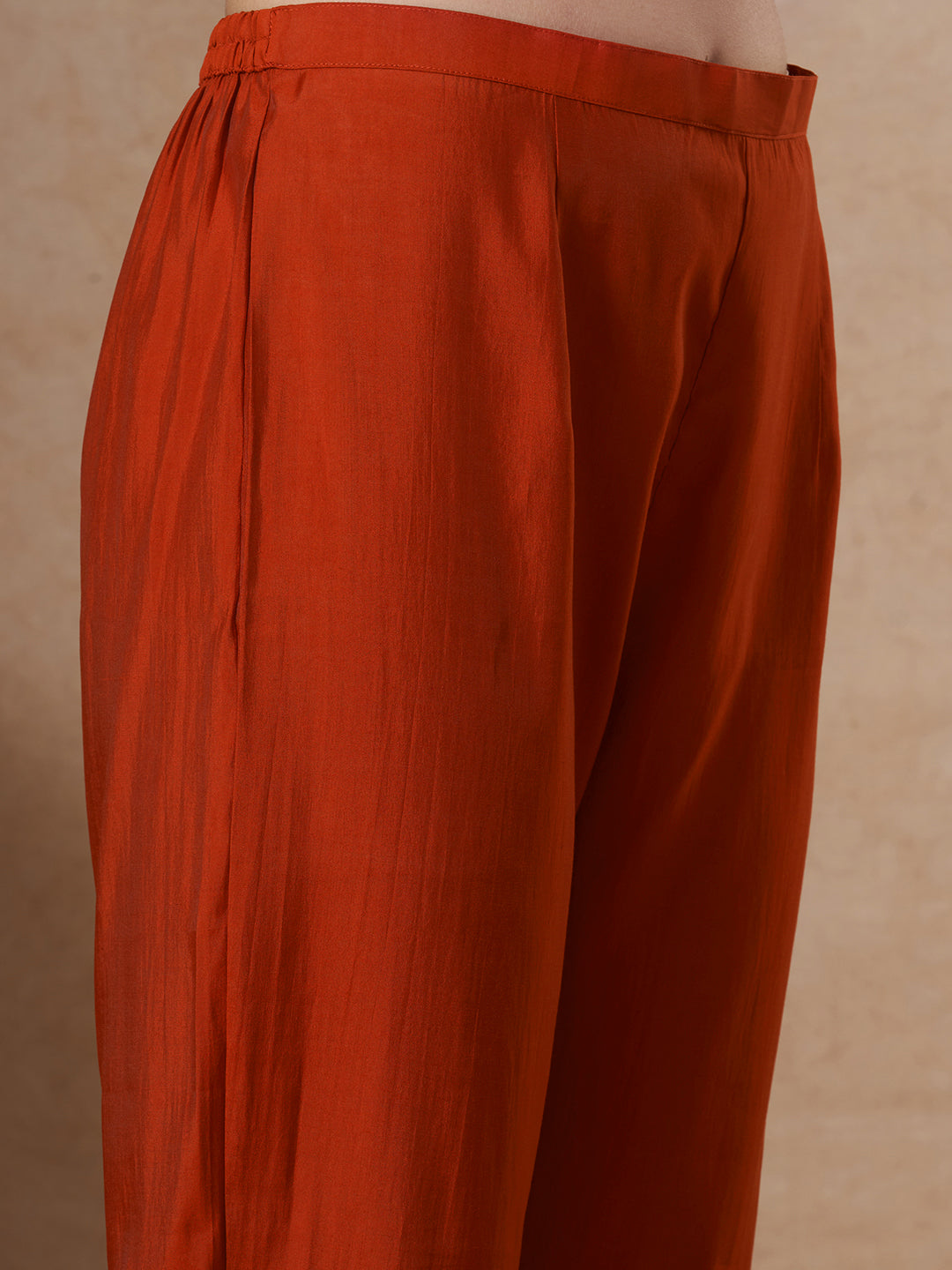 Solid French Knot Embroidered Straight Fit Kurta with Pant and Dupatta - Rust