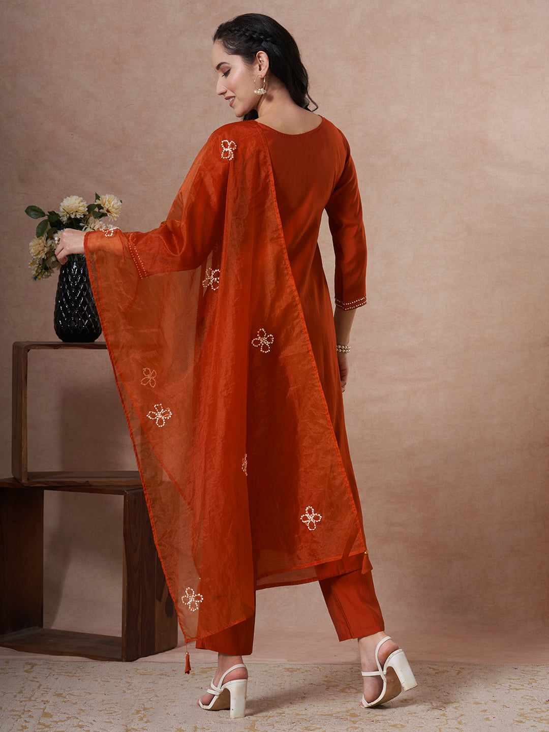 Solid French Knot Embroidered Straight Fit Kurta with Pant and Dupatta - Rust