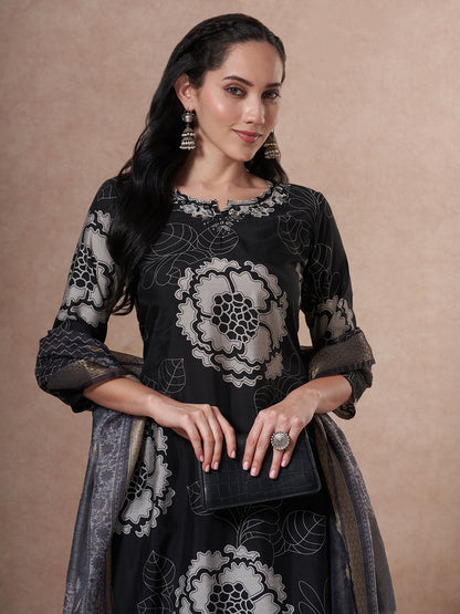 Abstract Floral Printed Straight Fit Kurta with Pant and Dupatta - Black