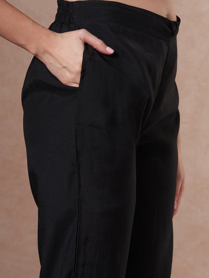 Abstract Floral Printed Straight Fit Kurta with Pant and Dupatta - Black