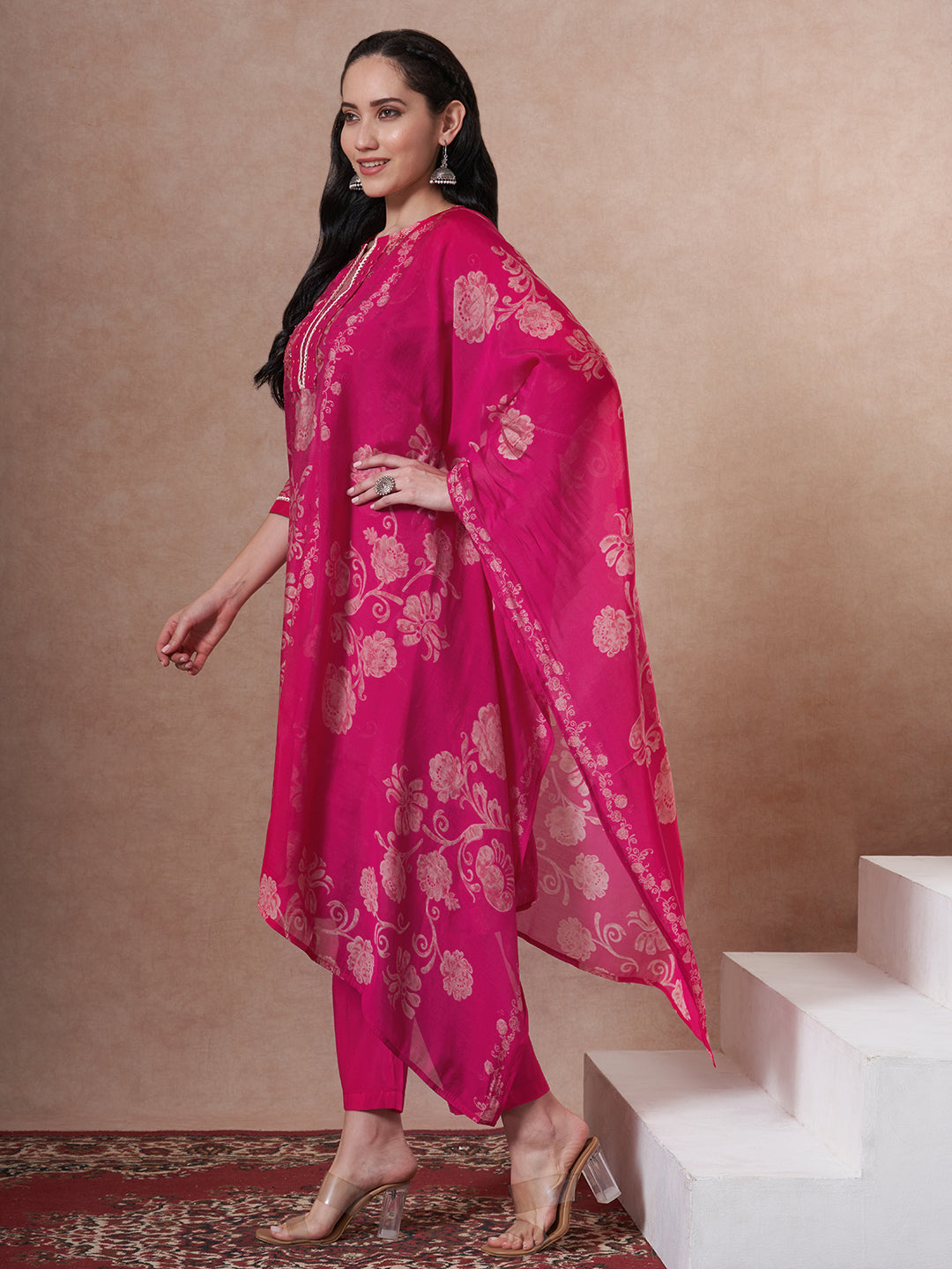 Ethnic Printed & Embroidered Straight Kurta with Pant & Dupatta - Rani