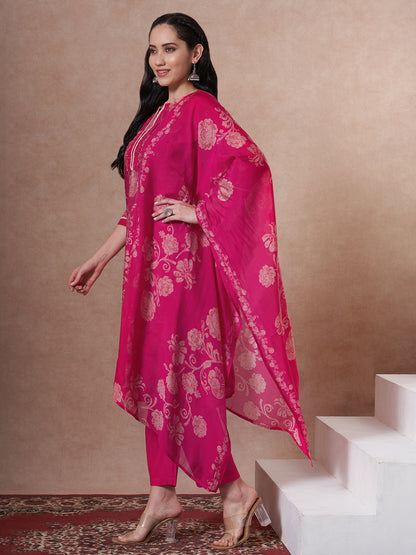 Ethnic Printed & Embroidered Straight Kurta with Pant & Dupatta - Rani
