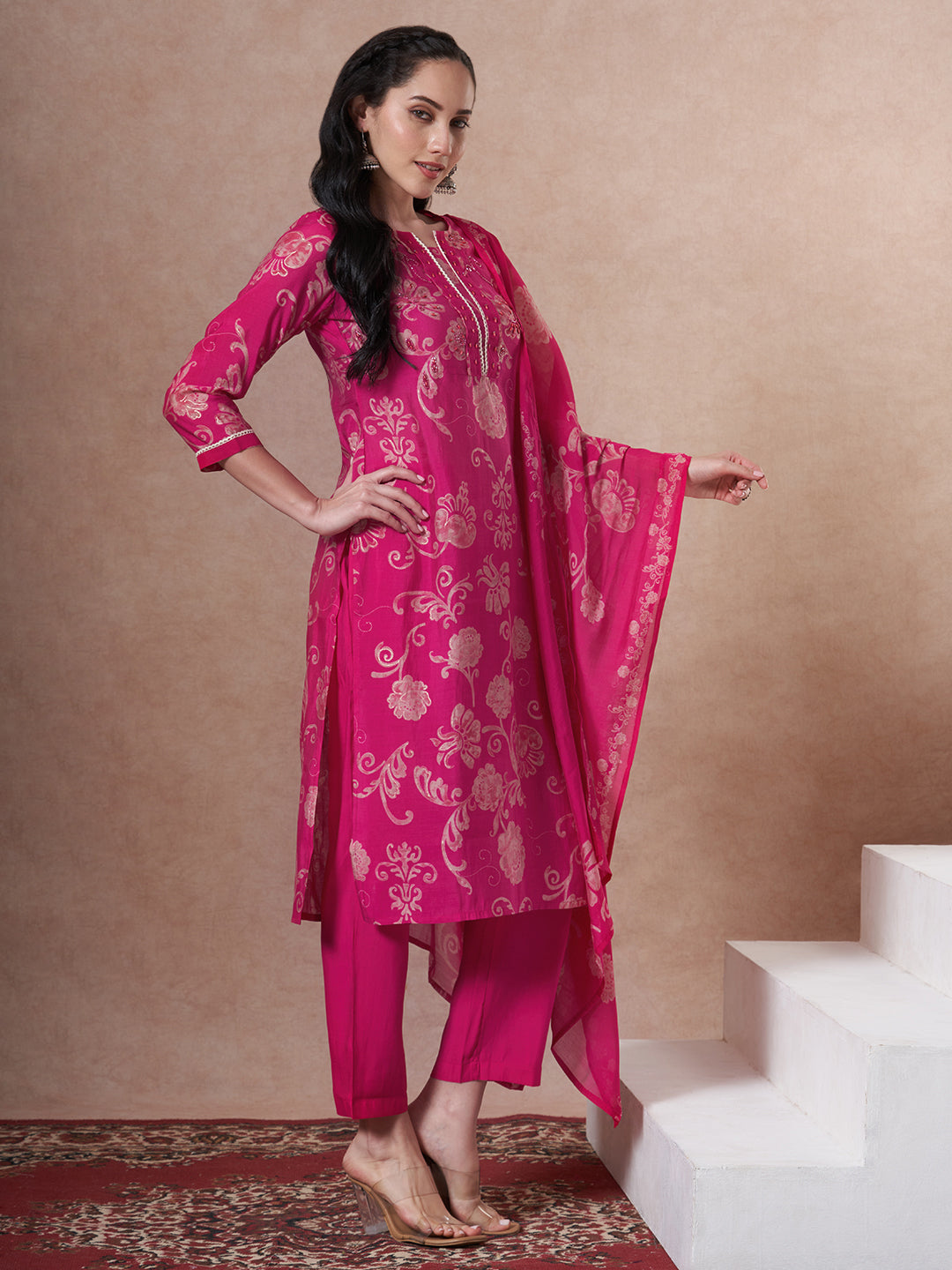 Ethnic Printed & Embroidered Straight Kurta with Pant & Dupatta - Rani