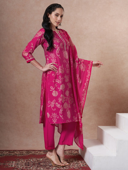 Ethnic Printed & Embroidered Straight Kurta with Pant & Dupatta - Rani