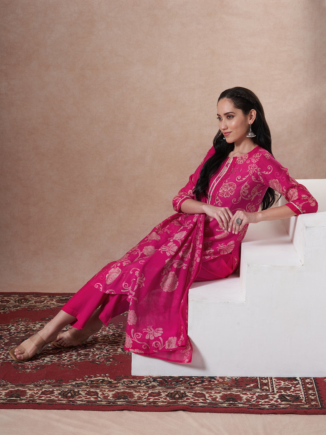 Ethnic Printed & Embroidered Straight Kurta with Pant & Dupatta - Rani