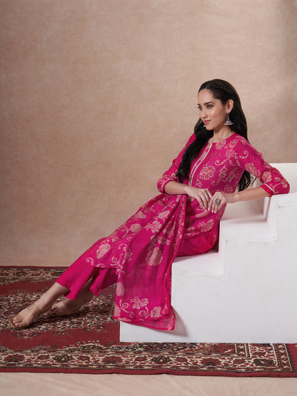 Ethnic Printed & Embroidered Straight Kurta with Pant & Dupatta - Rani