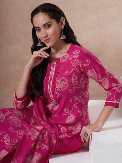 Ethnic Printed & Embroidered Straight Kurta with Pant & Dupatta - Rani