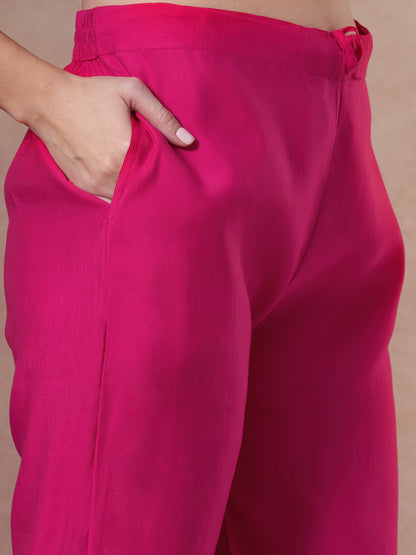 Ethnic Printed & Embroidered Straight Kurta with Pant & Dupatta - Rani