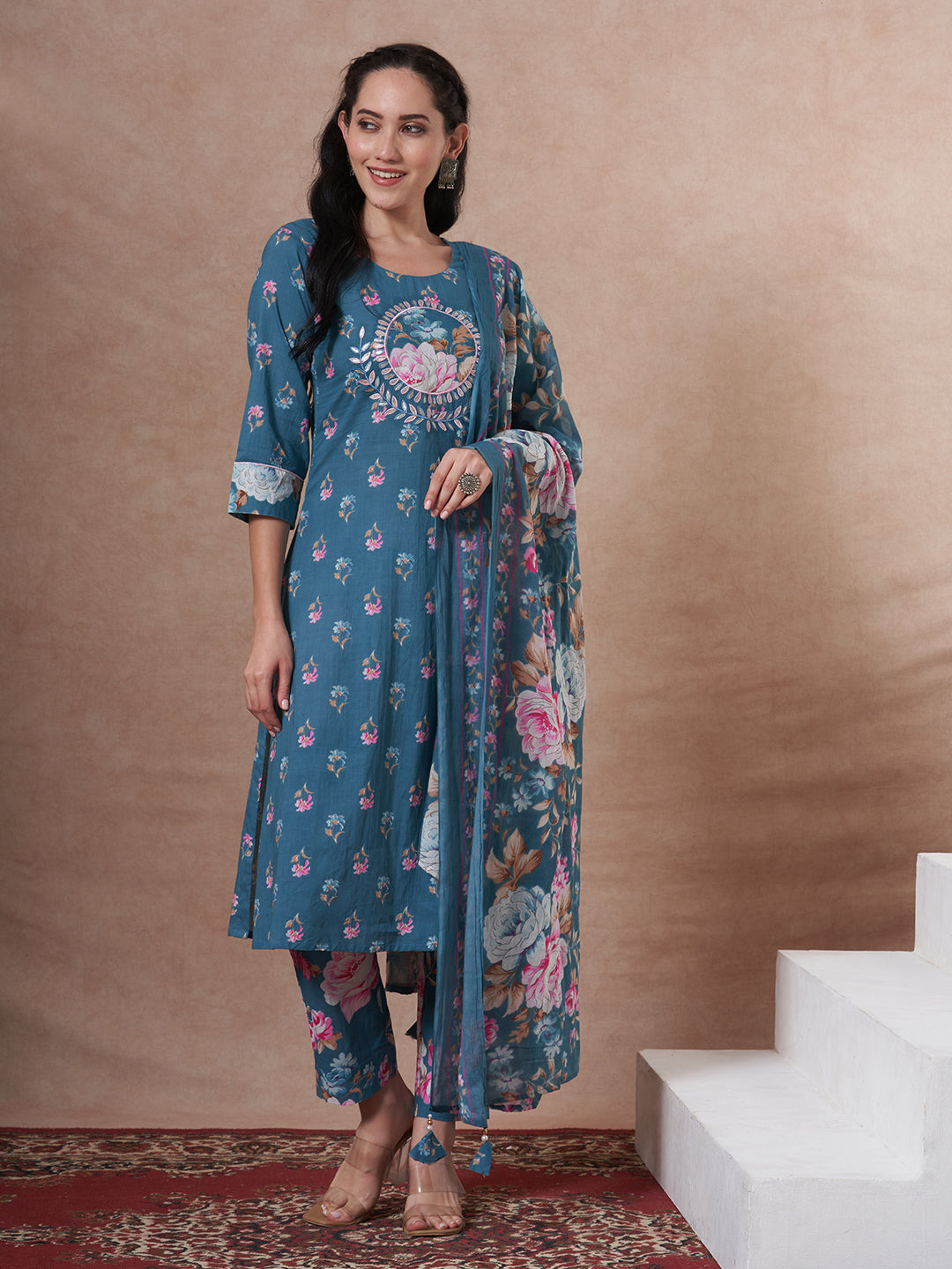 Ethnic Floral Printed Embroidered Straight Fit Kurta with Pant and Dupatta - Blue