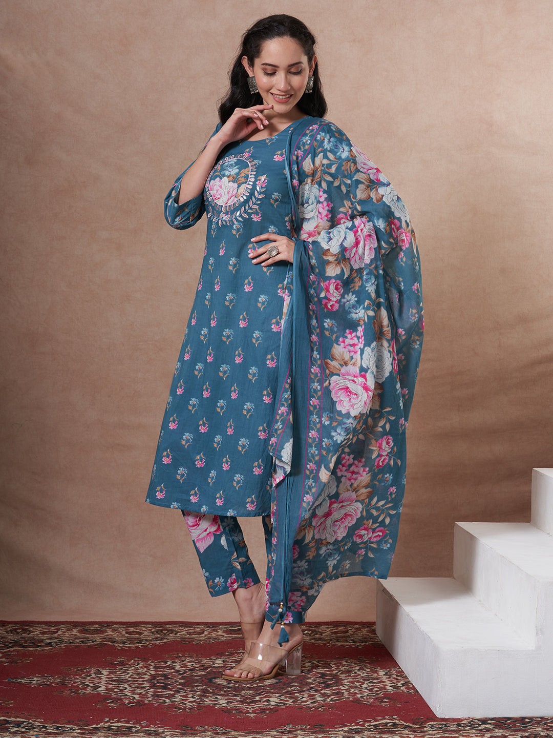 Ethnic Floral Printed Embroidered Straight Fit Kurta with Pant and Dupatta - Blue