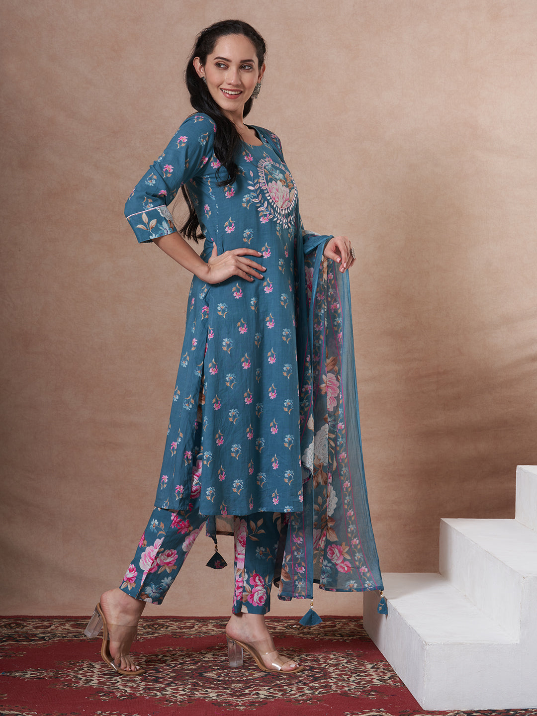 Ethnic Floral Printed Embroidered Straight Fit Kurta with Pant and Dupatta - Blue
