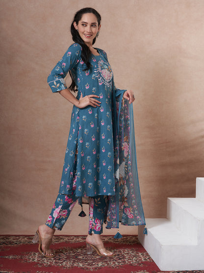 Ethnic Floral Printed Embroidered Straight Fit Kurta with Pant and Dupatta - Blue