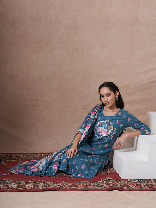 Ethnic Floral Printed Embroidered Straight Fit Kurta with Pant and Dupatta - Blue