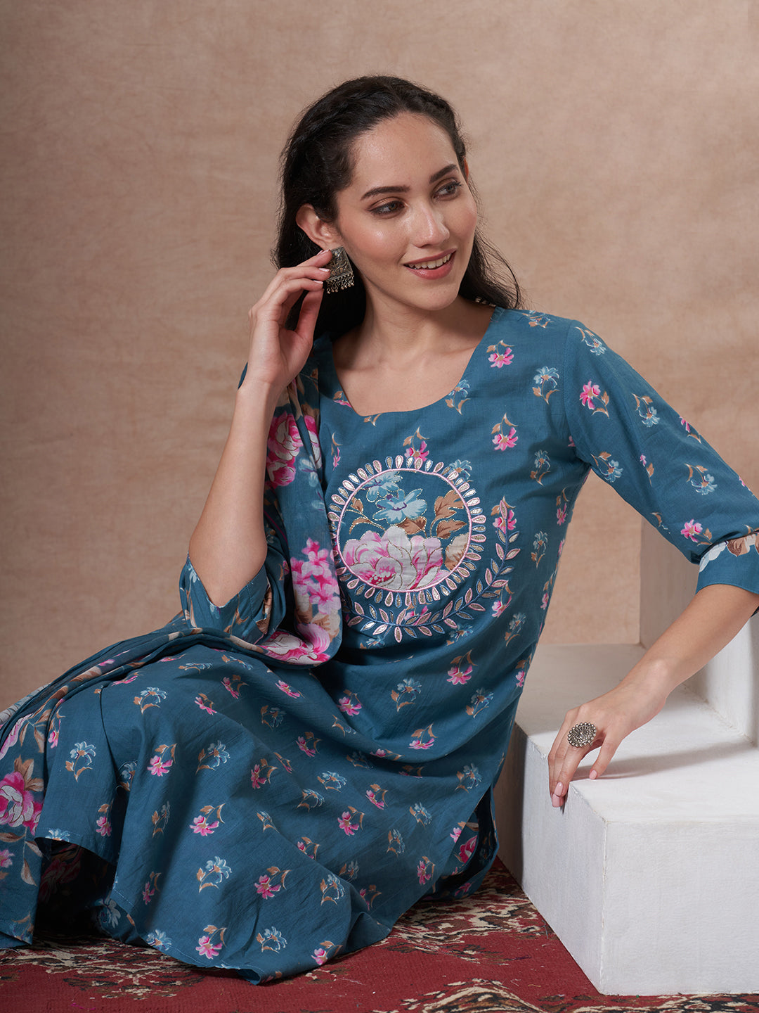 Ethnic Floral Printed Embroidered Straight Fit Kurta with Pant and Dupatta - Blue