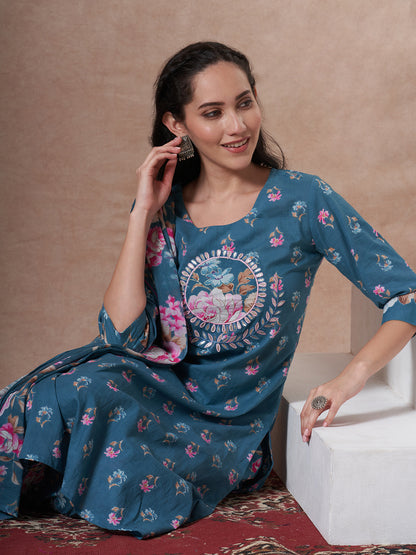 Ethnic Floral Printed Embroidered Straight Fit Kurta with Pant and Dupatta - Blue