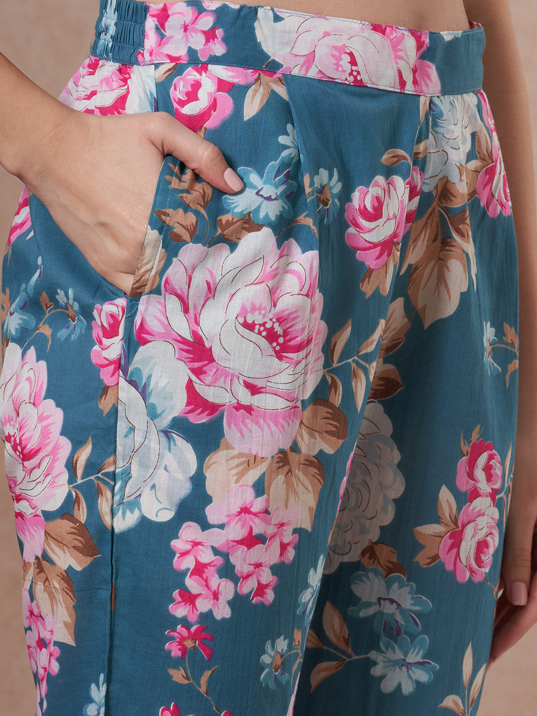 Ethnic Floral Printed Embroidered Straight Fit Kurta with Pant and Dupatta - Blue