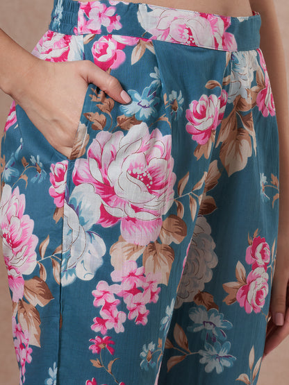 Ethnic Floral Printed Embroidered Straight Fit Kurta with Pant and Dupatta - Blue