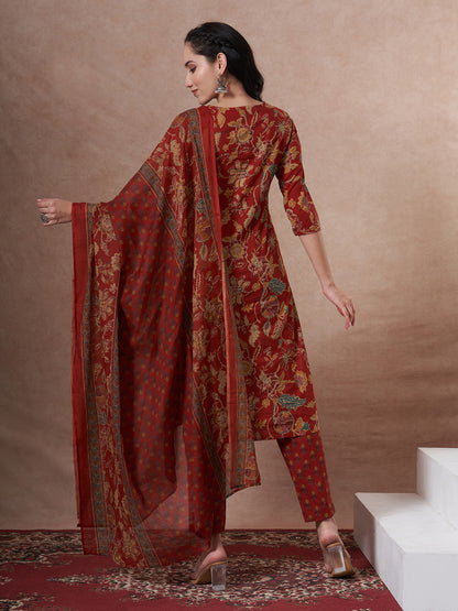 Ethnic Floral Printed Straight Fit Kurta with Pant and Dupatta - Red