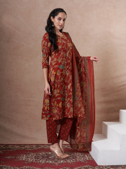 Ethnic Floral Printed Straight Fit Kurta with Pant and Dupatta - Red